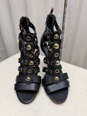 Nicole Miller Black Strappy Gladiator Heels with Gold Accents